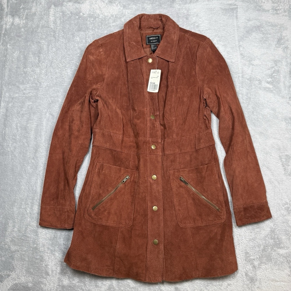 Forever 21 Suede Jacket Women Large (Fits Smaller) Orange Rust Mid Length Y2K